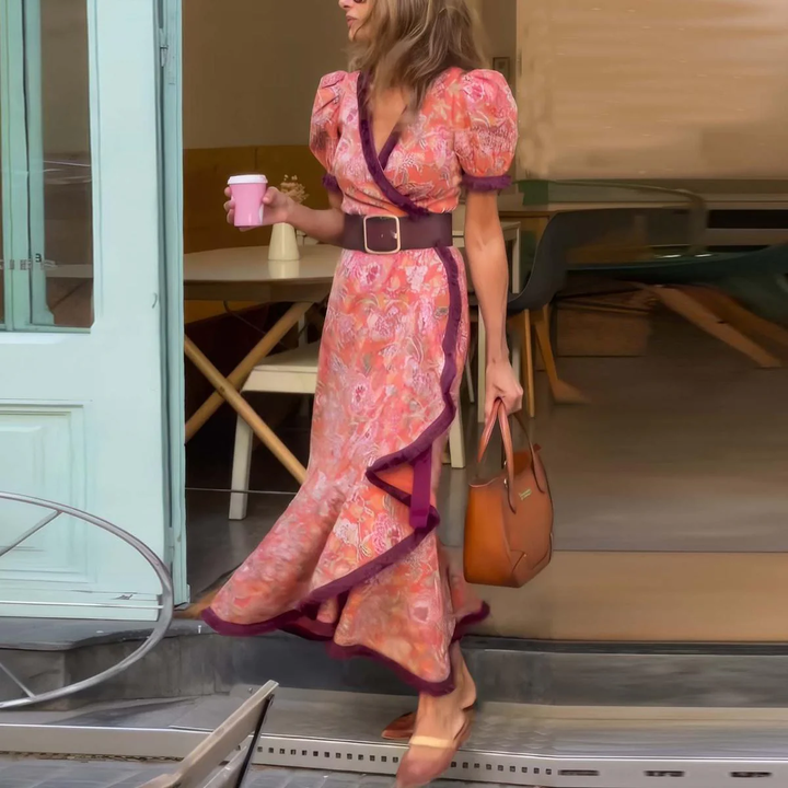 Nathalie - Elegantes Rosa Maxi-Kleid mit kurzen Ärmeln