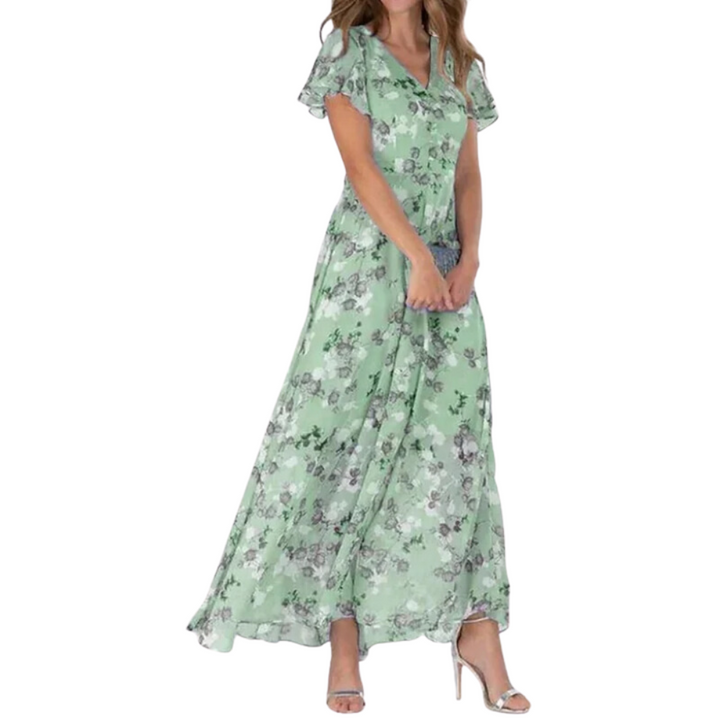 LINA - Langes Kleid mit kurzen Ärmeln und Blumenmuster