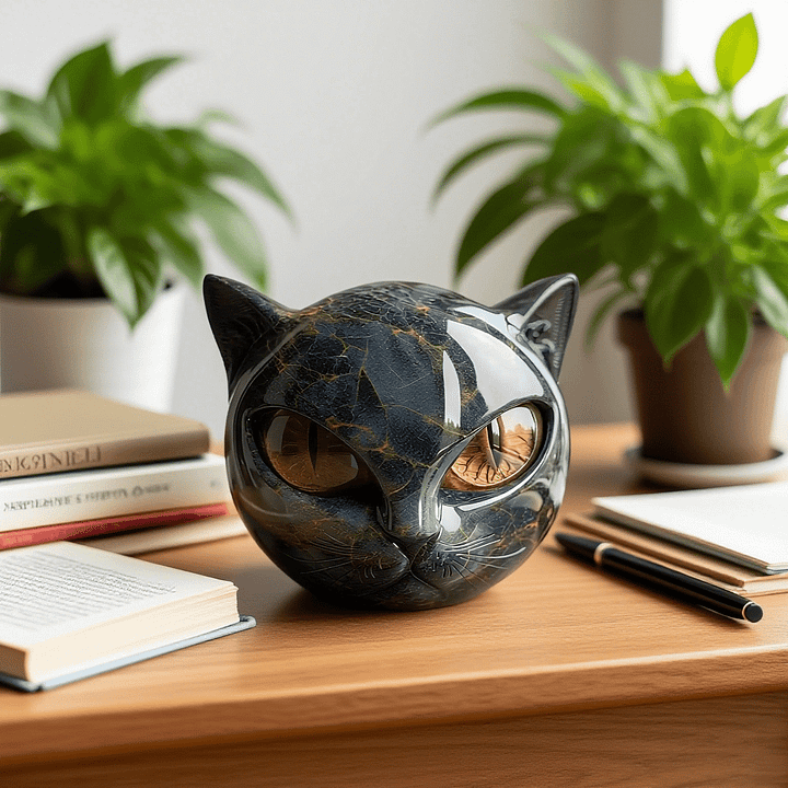 Cleo - Skulptur eines Mystischen Schwarzen Katzenkopfes