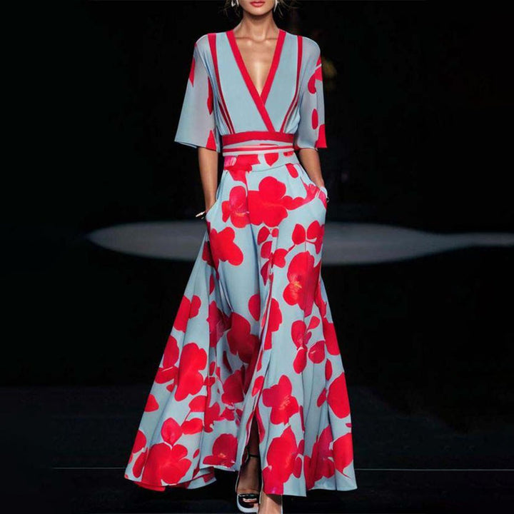 OLIVIA - Blaues Maxikleid mit kurzen Ärmeln