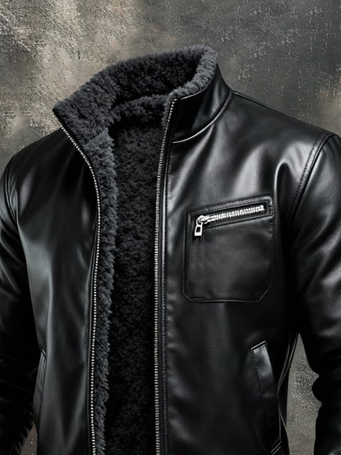 Kamil - Warme schwarze Lederjacke mit Sherpa-Futter