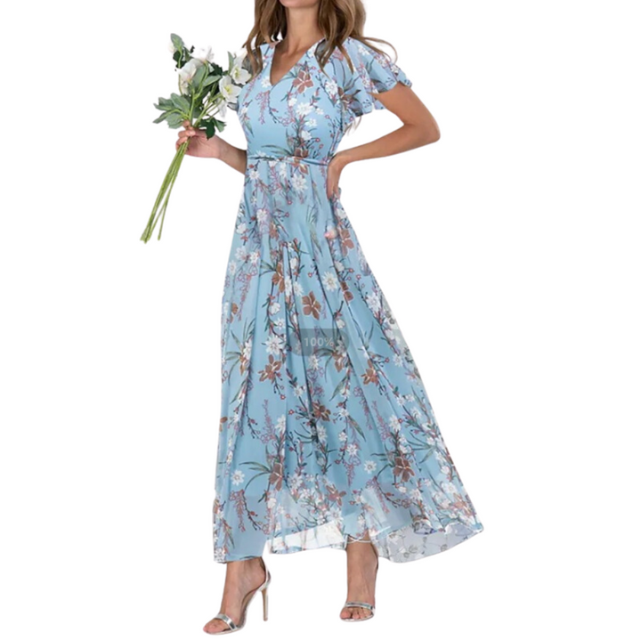 LINA - Langes Kleid mit kurzen Ärmeln und Blumenmuster