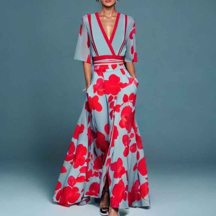 OLIVIA - Blaues Maxikleid mit kurzen Ärmeln