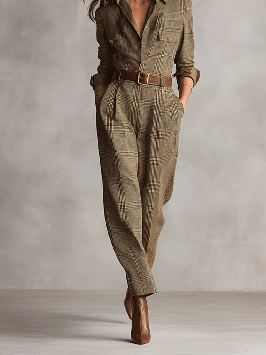 Zoé - Eleganter Tweed-Textur Karomuster Utility Jumpsuit