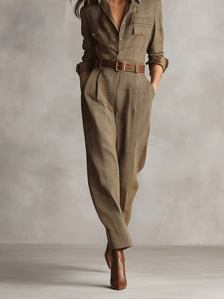 Zoé - Eleganter Tweed-Textur Karomuster Utility Jumpsuit