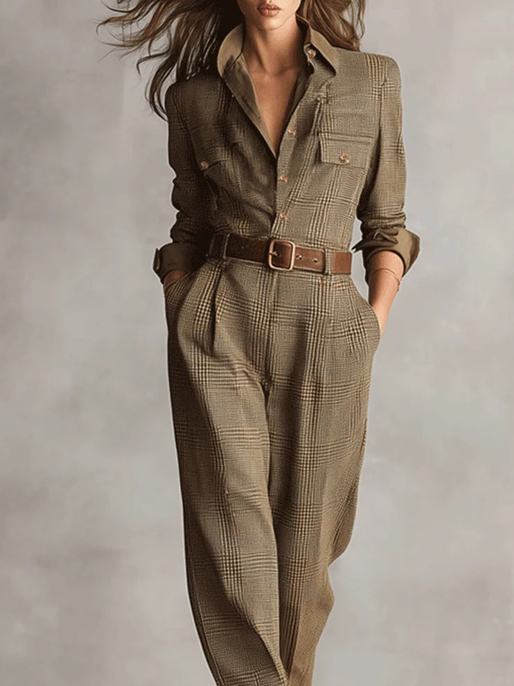 Zoé - Eleganter Tweed-Textur Karomuster Utility Jumpsuit