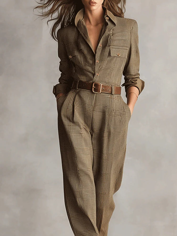 Zoé - Eleganter Tweed-Textur Karomuster Utility Jumpsuit