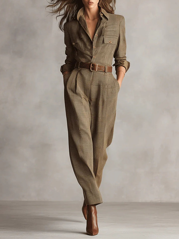 Zoé - Eleganter Tweed-Textur Karomuster Utility Jumpsuit