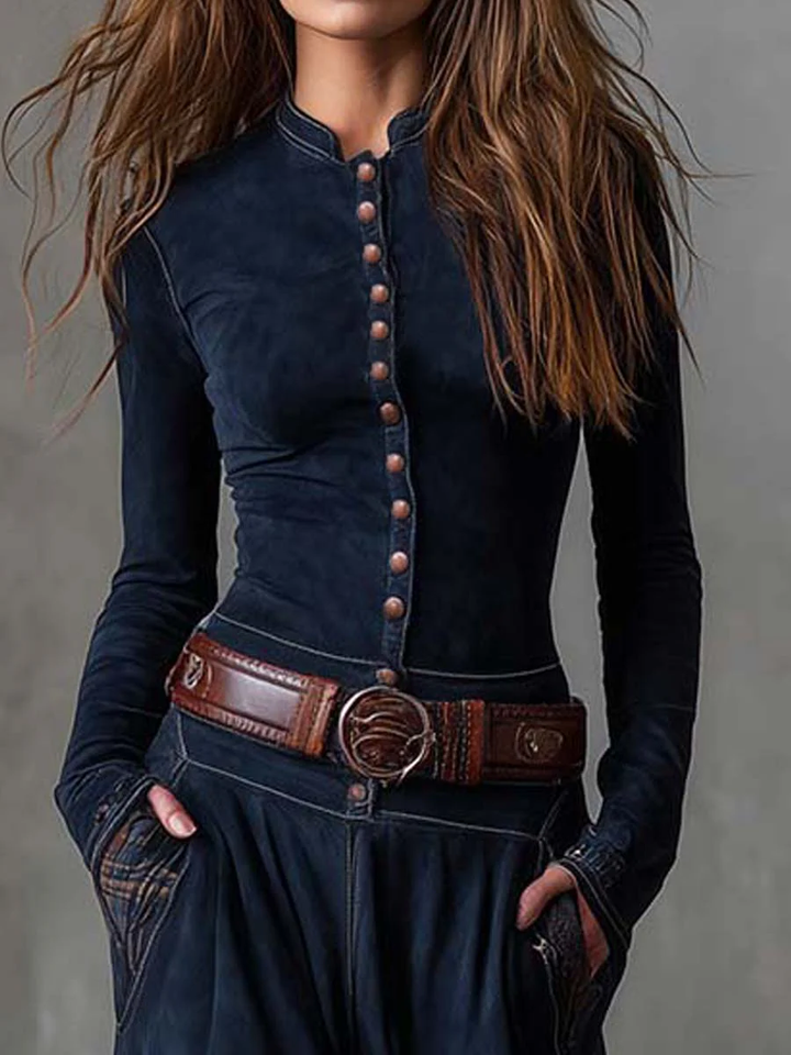 Helena - Maxikleid aus blauer Wildleder-Optik mit Gürtel