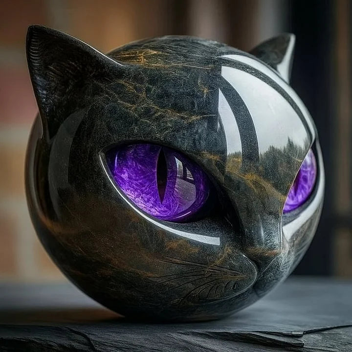 Cleo - Skulptur eines Mystischen Schwarzen Katzenkopfes