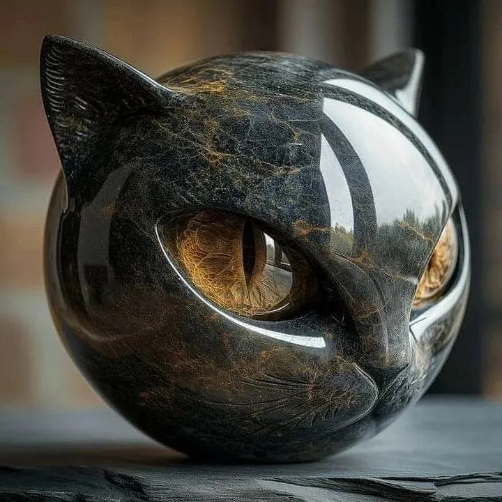 Cleo - Skulptur eines Mystischen Schwarzen Katzenkopfes