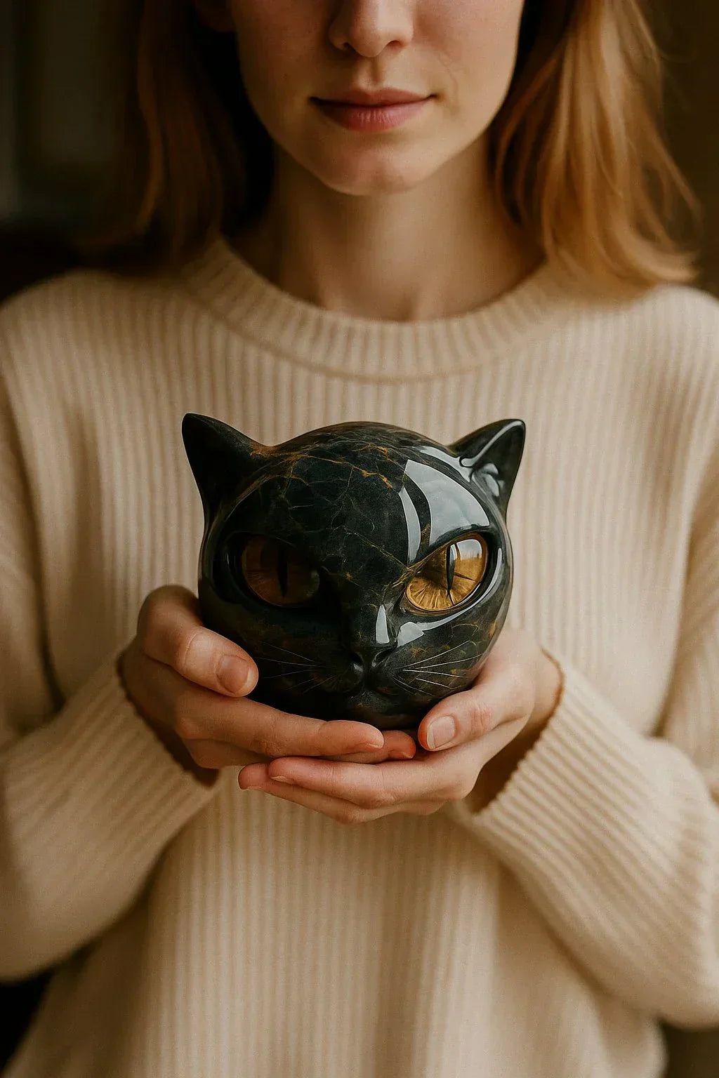 Cleo - Skulptur eines Mystischen Schwarzen Katzenkopfes