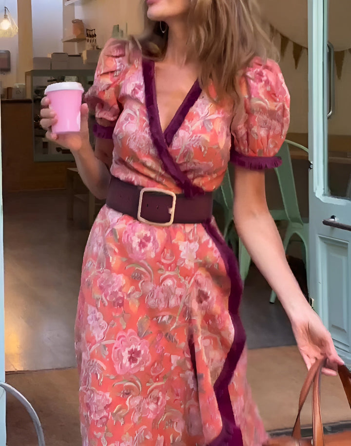 Nathalie - Elegantes Rosa Maxi-Kleid mit kurzen Ärmeln