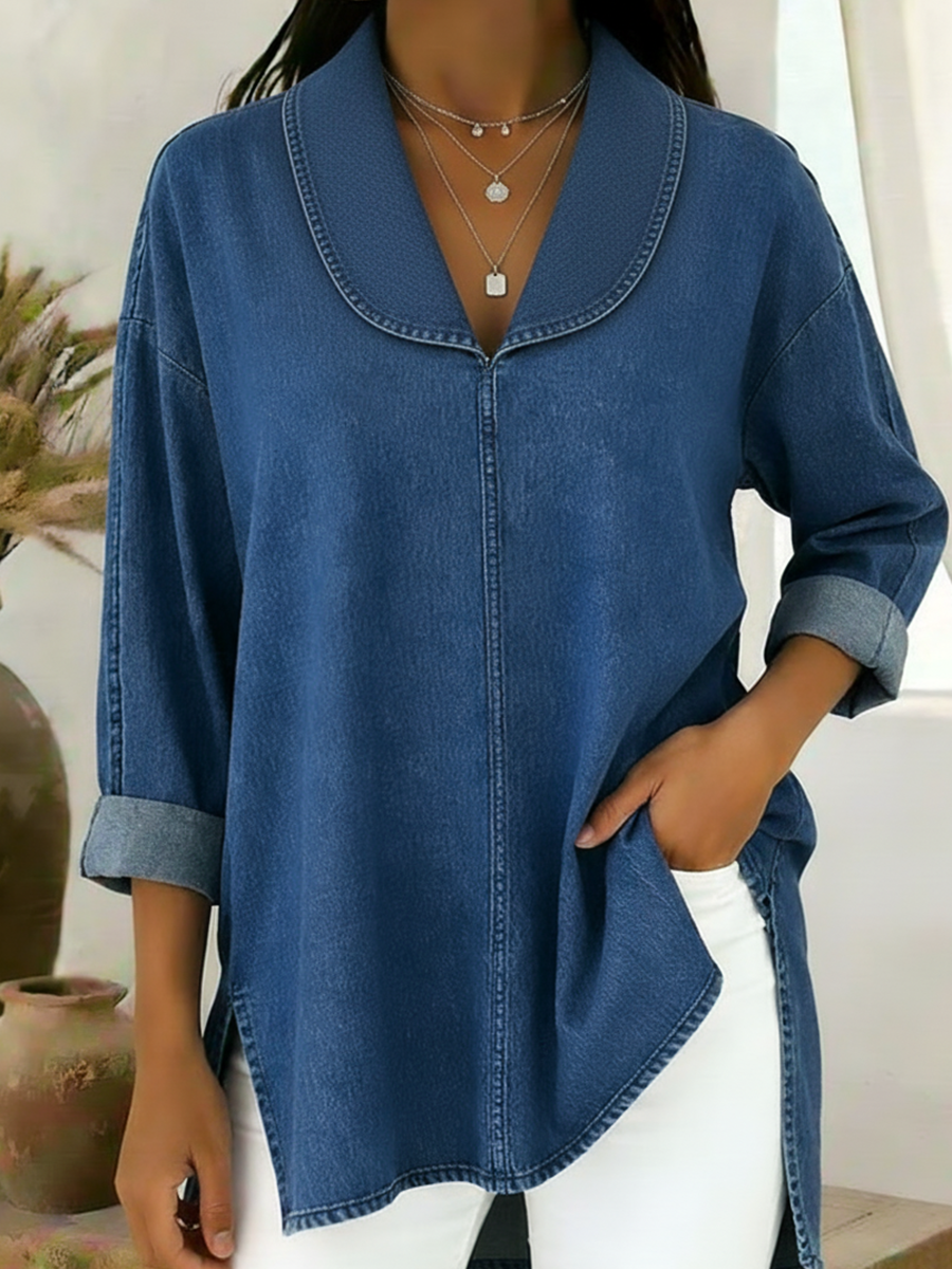 Pia - Denim Chic Bluse mit Schalkragen