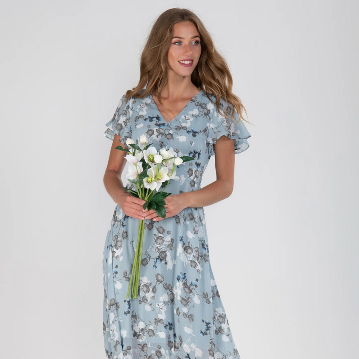 LINA - Langes Kleid mit kurzen Ärmeln und Blumenmuster