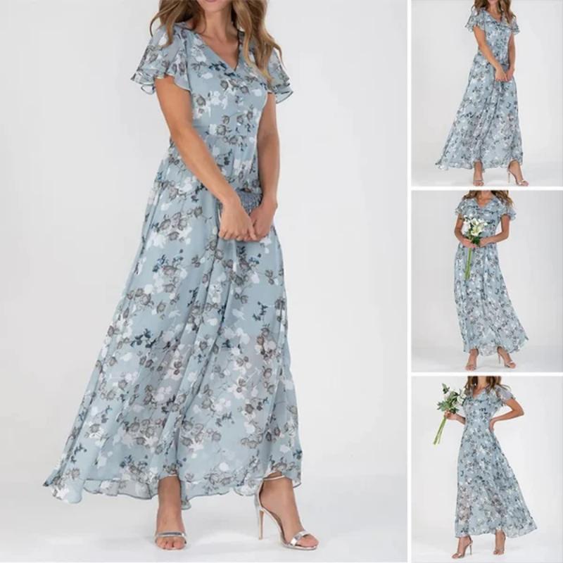 LINA - Langes Kleid mit kurzen Ärmeln und Blumenmuster