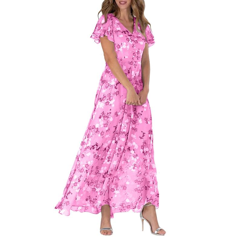 LINA - Langes Kleid mit kurzen Ärmeln und Blumenmuster