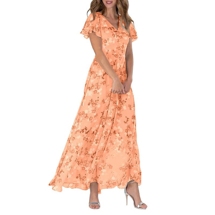 LINA - Langes Kleid mit kurzen Ärmeln und Blumenmuster