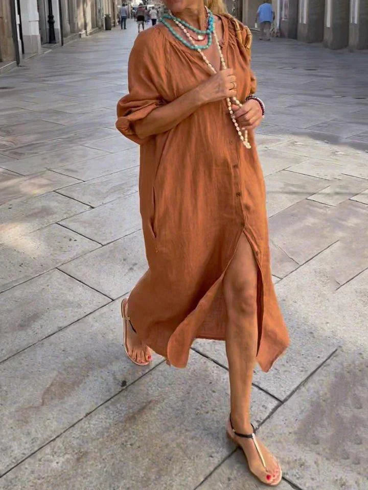 ELSBETH – Langes Leinenkleid mit Knöpfen